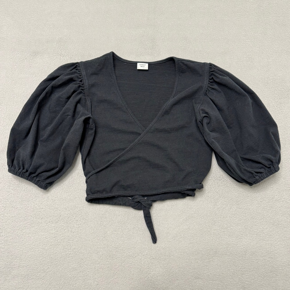 Sunday Best Wrap Top Women Small Black Knit Puff Sleeve Cropped V-Neck Shirt